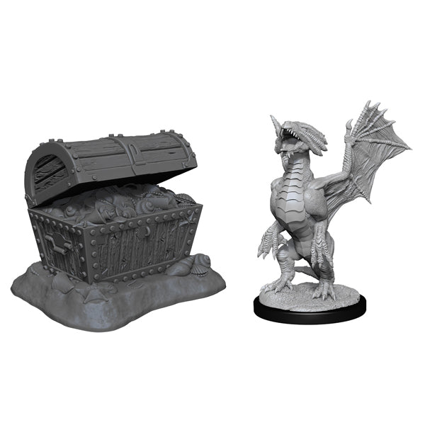 D&D Nolzur's Marvelous Minis: Bronze Wyrmling & Treasure - Gray unpainted resin miniature of a bronze wyrmling dragon standing beside an open treasure chest filled with coins on a.