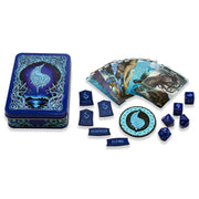 Magic the Gathering: Mana Token Set: Blue - Blue metal tin with intricate arcane design, blue mana tokens, circular life counter, stat dice, and effect markers.