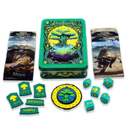 Magic the Gathering: Mana Token Set: Green - Green mana tokens and dice with yellow symbols, green rectangular ability markers, circular life counter, and decorative.