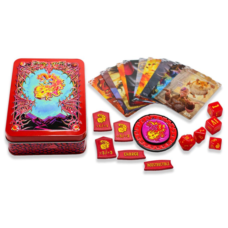 Magic the Gathering: Mana Token Set: Red - Red metal tin with fiery mana symbols, assorted red tokens, and red six-sided dice for Magic the Gathering game.