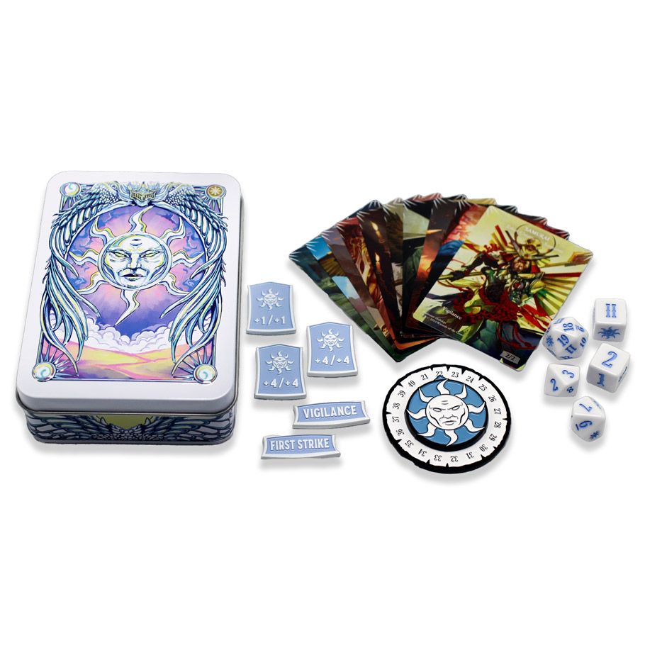 Magic the Gathering: Mana Token Set: White - Magic the Gathering white mana token set with a deck box featuring an ethereal face design, white dice with blue symbols,.