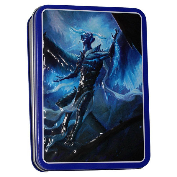 Magic the Gathering: Tarkir Dragonstorm Token Set - Rectangular metal tin with blue edges featuring dark blue dragon artwork with glowing blue wings and a mystical background.