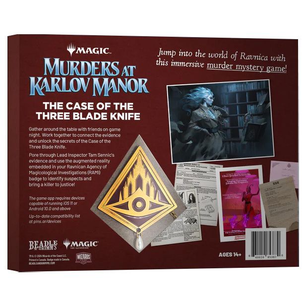 Magic the Gathering: Murders at Karlov Manor: The Case of the Three Blade Knife - Magic the Gathering Murders at Karlov Manor game box with brown and red tones, featuring a mysterious cloaked figure and a.