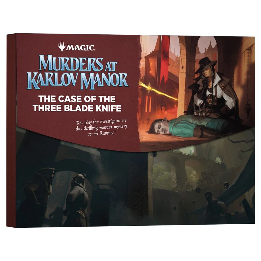 Magic the Gathering: Murders at Karlov Manor: The Case of the Three Blade Knife - Murders at Karlov Manor with illustrated scene of a detective and a body on the floor.