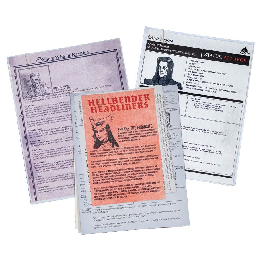 Magic the Gathering: Murders at Karlov Manor: The Case of the Three Blade Knife - Three-page set of roleplaying character and clue sheets with typed text, black-and-white portraits, and a red-tinted.