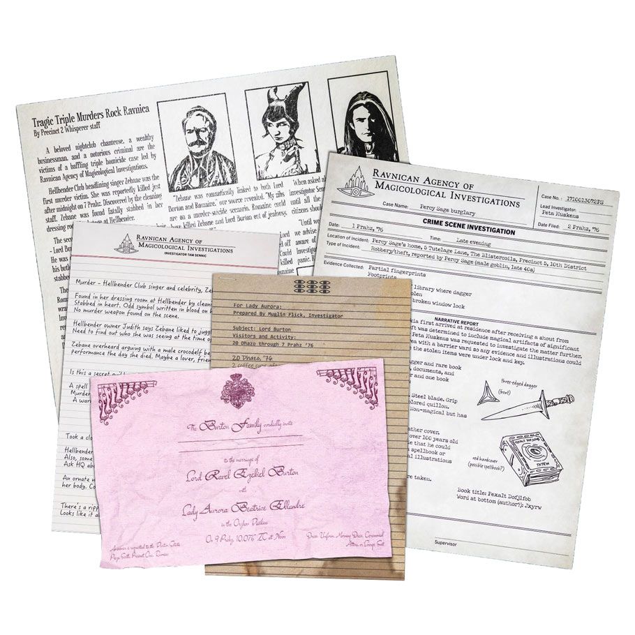 Magic the Gathering: Murders at Karlov Manor: The Case of the Three Blade Knife - Murders at Karlov Manor, featuring typed text, sketches, and a pink ornate letter with elegant script.