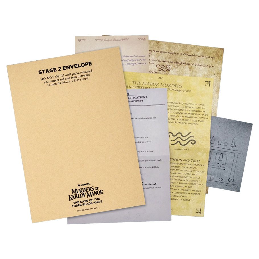 Magic the Gathering: Murders at Karlov Manor: The Case of the Three Blade Knife - Set of five assorted paper envelopes and documents featuring typed text, graphics, and aged, weathered effects for a mystery