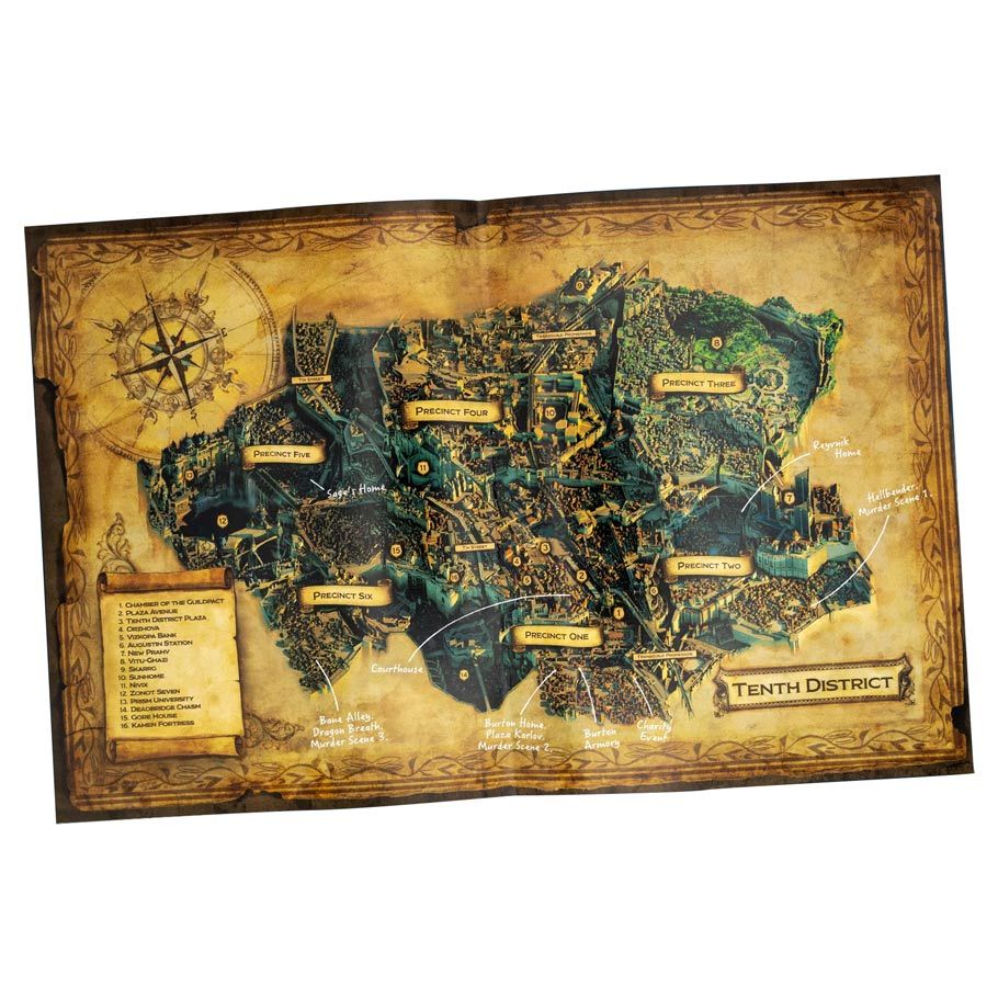 Magic the Gathering: Murders at Karlov Manor: The Case of the Three Blade Knife - Detailed fantasy map of Karlov Manor with labeled districts and vintage parchment background.