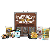 Heroes of Barcadia - Heroes of Barcadia party game set featuring a wooden box, character cards, game tokens, dice, and themed drinking glasses.