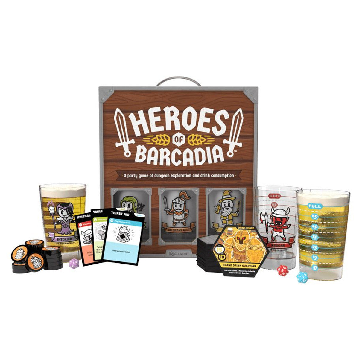 Heroes of Barcadia - Heroes of Barcadia party game set featuring a wooden box, character cards, game tokens, dice, and themed drinking glasses.