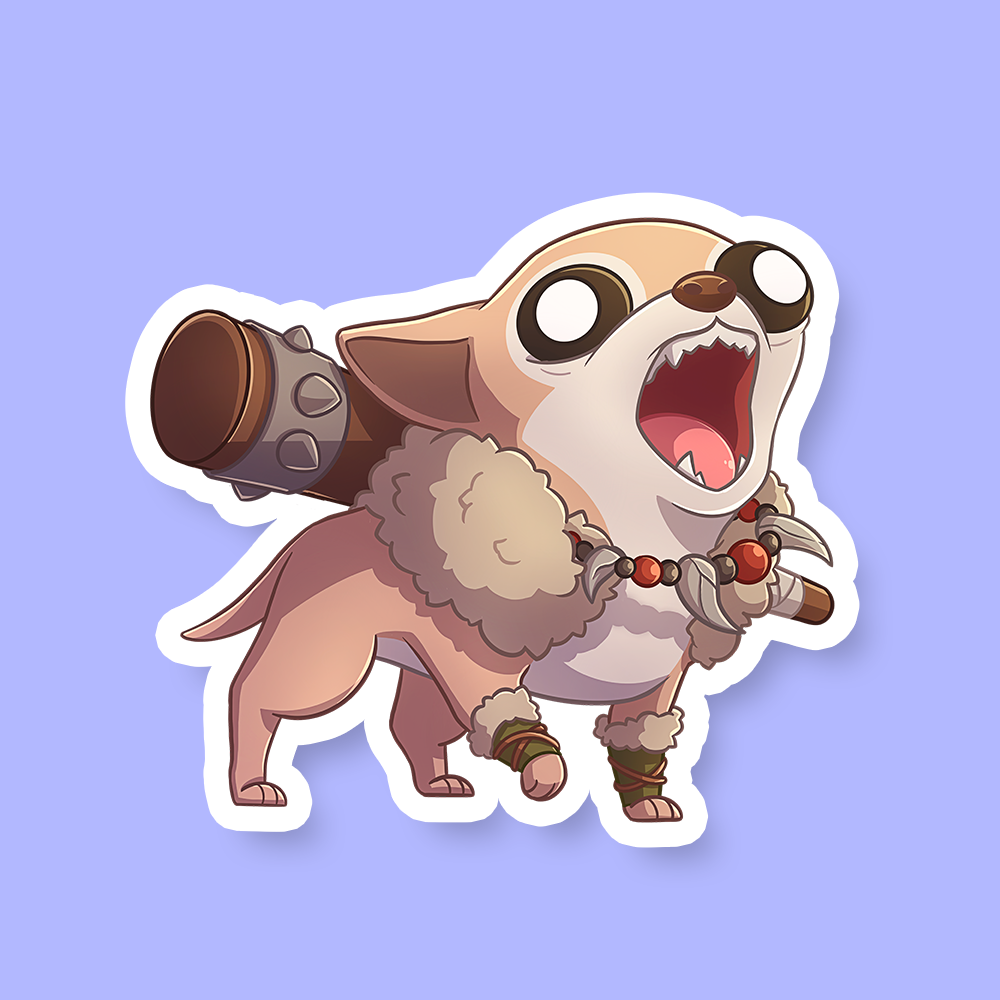 Barbarian Class D&D Dog Sticker - Chibi-style dog with tan fur wearing barbarian armor, roaring with mouth open and carrying a large spiked club on its back.