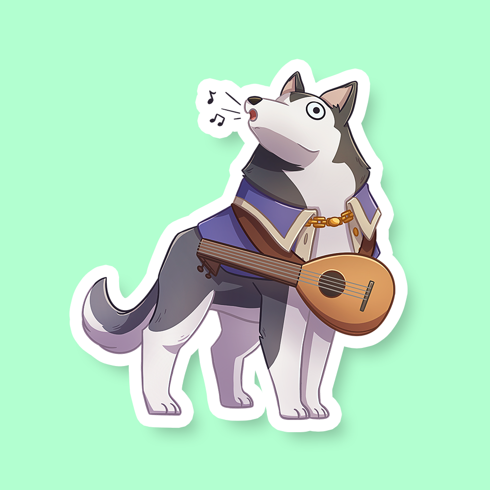 Bard Class D&D Dog Sticker - Cute gray and white husky dog wearing a blue bard outfit and playing a lute sticker.