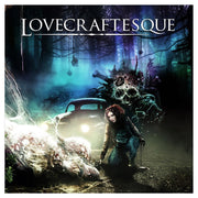 Lovecraftesque 2E - Dark atmospheric game cover with a vintage car, mysterious glowing creature, and a crouching woman in a foggy forest.