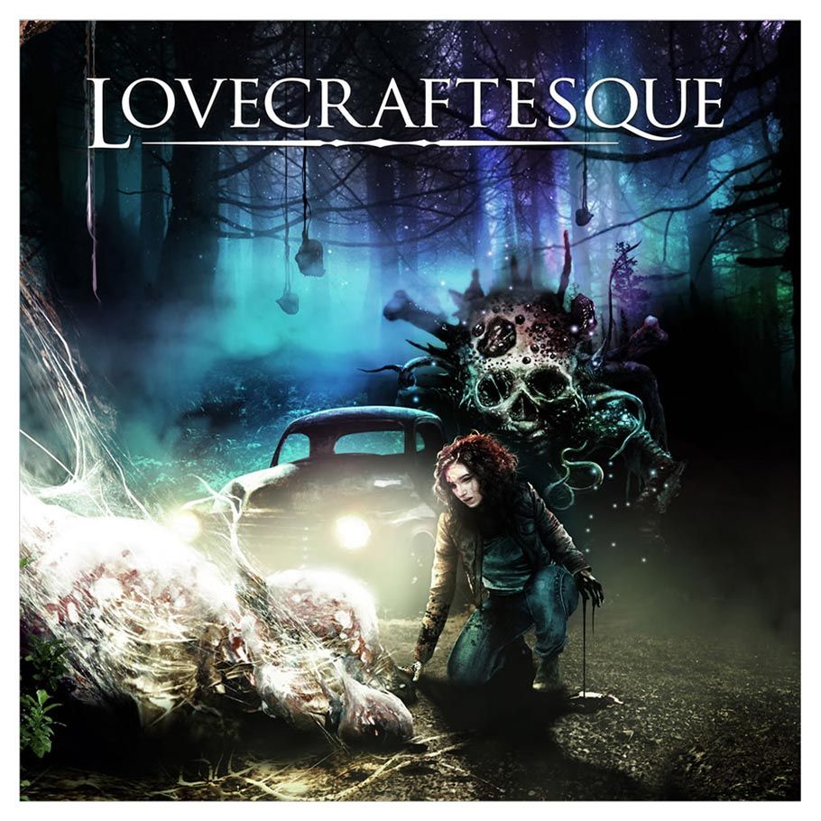 Lovecraftesque 2E - Dark atmospheric game cover with a vintage car, mysterious glowing creature, and a crouching woman in a foggy forest.