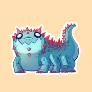 Basilisk DnD Sticker - Blue-green cartoon basilisk with red spikes and large eyes, vinyl sticker with white border.