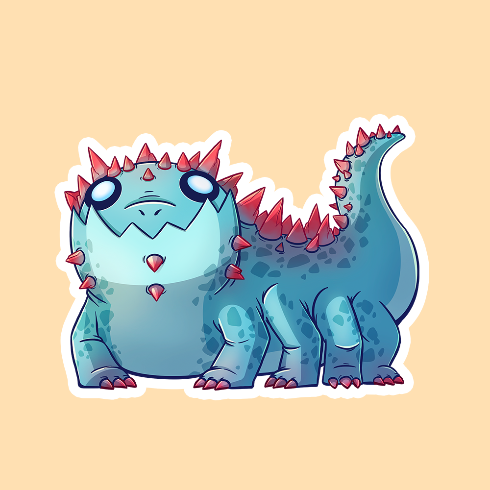 Basilisk DnD Sticker - Blue-green cartoon basilisk with red spikes and large eyes, vinyl sticker with white border.
