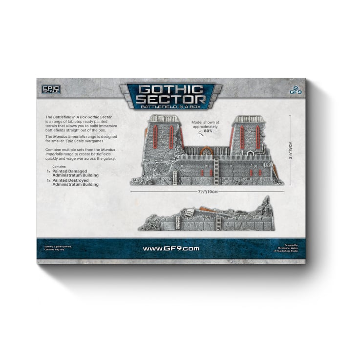 Battlefield in a Box: Mundus Imperialis- Administratum (Damaged & Destroyed x2) - Modular gray concrete fortress ruins with red accents, featuring damaged walls and towers, Gothic architectural style.