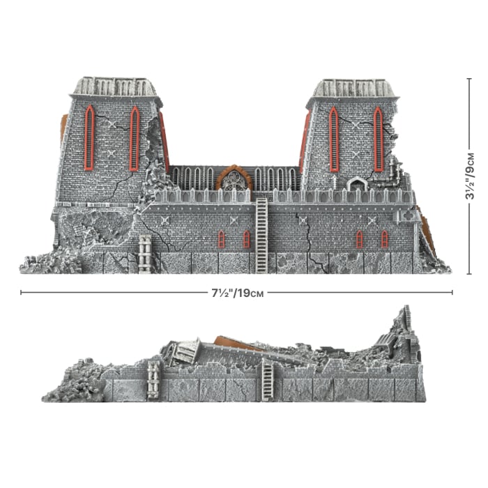Battlefield in a Box: Mundus Imperialis- Administratum (Damaged & Destroyed x2) - Gray ruined stone fortress with two large towers and detailed windows, measuring 71 by 31 inches.