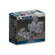 Battlefield in a Box: Mundus Imperialis- Scholam (Damaged & Destroyed x2) - Two damaged and destroyed gray stone fortress terrain pieces with gothic architectural details for tabletop gaming.
