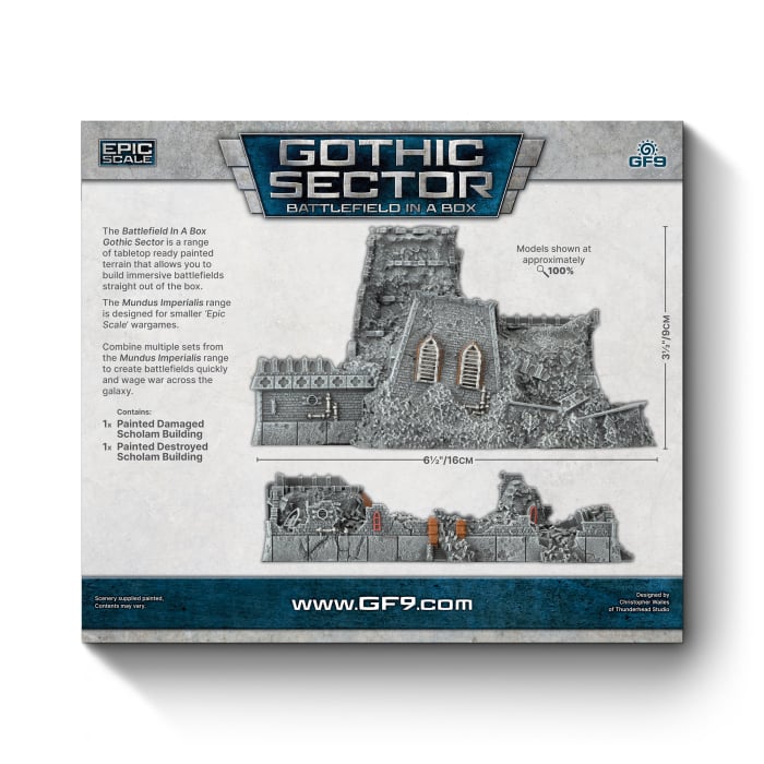 Battlefield in a Box: Mundus Imperialis- Scholam (Damaged & Destroyed x2) - Gray gothic-style ruined building terrain pieces with stone texture and arched windows for tabletop gaming.