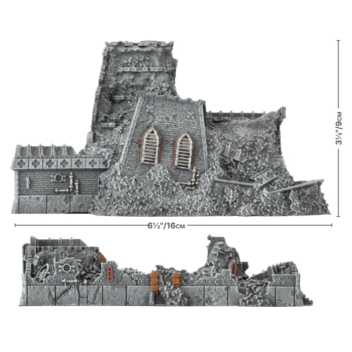 Battlefield in a Box: Mundus Imperialis- Scholam (Damaged & Destroyed x2) - Gray textured Warhammer-style ruined building terrain with rubble, broken windows, and damaged walls.