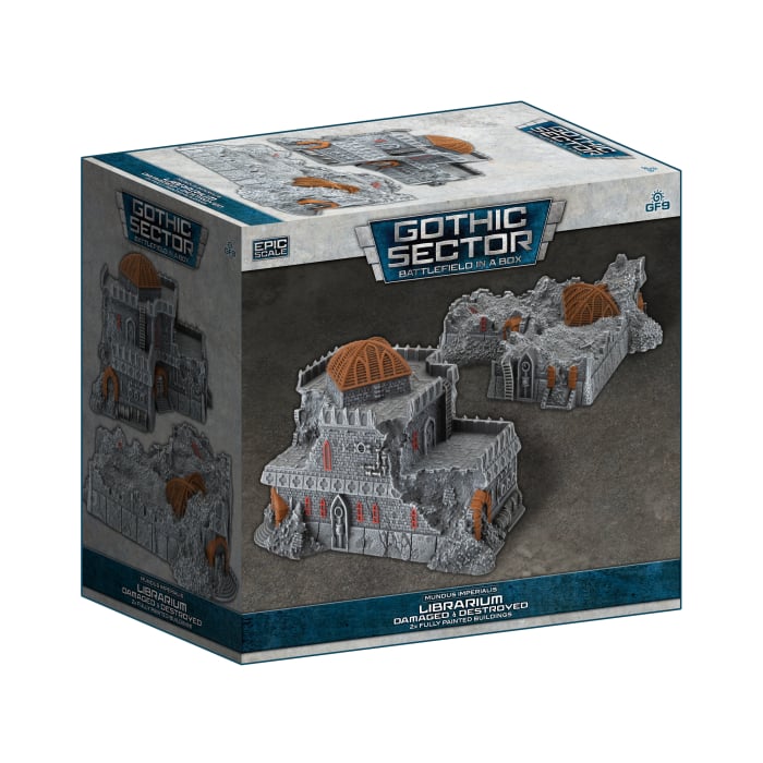 Battlefield in a Box: Mundus Imperialis- Librarium (Damaged & Destroyed x2) - Gray ruined stone building miniatures with orange dome details on a boxed set for tabletop gaming terrain.