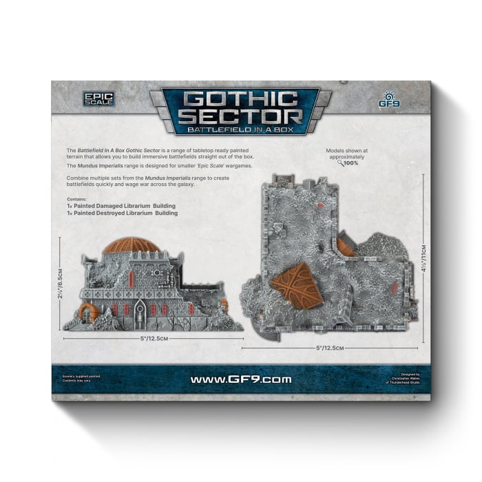 Battlefield in a Box: Mundus Imperialis- Librarium (Damaged & Destroyed x2) - Gothic Sector damaged and destroyed modular ruins kit with stone-textured walls and broken roof sections in gray and brown.