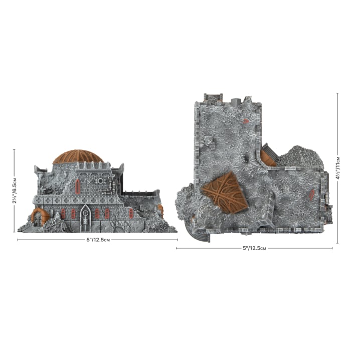 Battlefield in a Box: Mundus Imperialis- Librarium (Damaged & Destroyed x2) - Gray stone ruined sci-fi building with damaged walls, rubble, and a brown dome on top.
