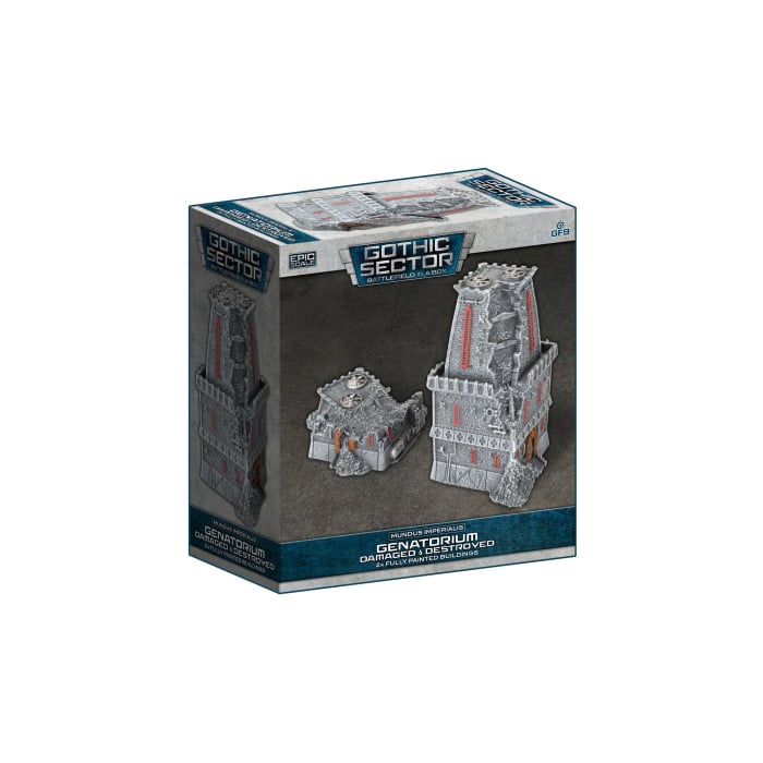 Battlefield in a Box: Mundus Imperialis- Genatorium (Damaged & Destroyed x2) - Boxed set of two detailed grey and red resin sci-fi terrain pieces featuring damaged futuristic buildings with angular.