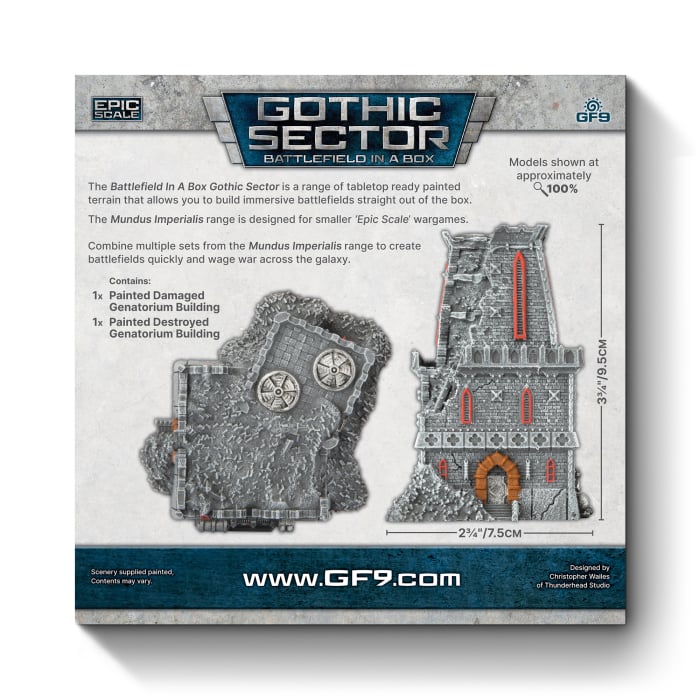 Battlefield in a Box: Mundus Imperialis- Genatorium (Damaged & Destroyed x2) - Two gray resin scale model pieces depicting damaged Gothic sector building sections with rubble and mechanical details, both
