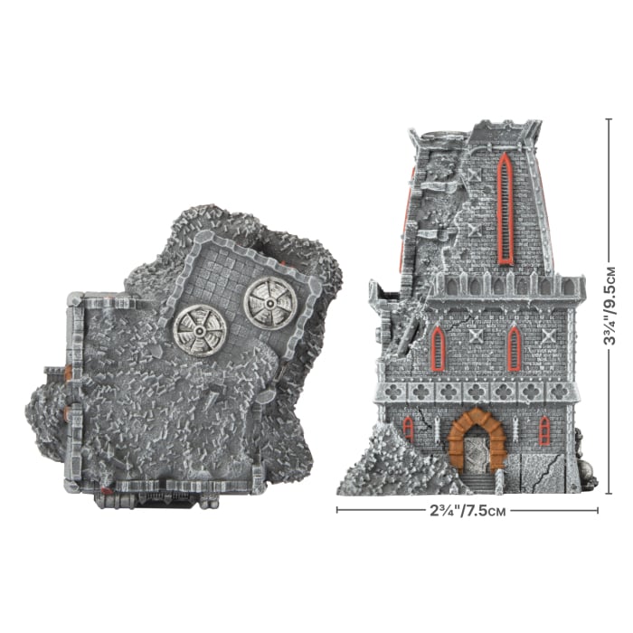 Battlefield in a Box: Mundus Imperialis- Genatorium (Damaged & Destroyed x2) - Gray stone ruined tower with red accents and arched doorway beside a matching damaged wall section with exposed circular.