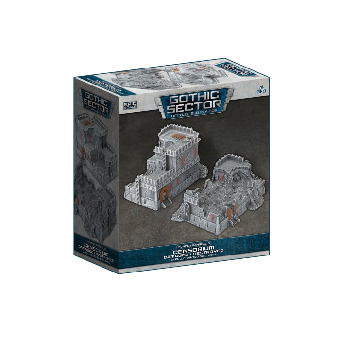 Battlefield in a Box: Mundus Imperialis- Censorium (Damaged & Destroyed x2) - Gothic-style gray resin terrain set featuring two damaged and destroyed industrial buildings with detailed architectural.