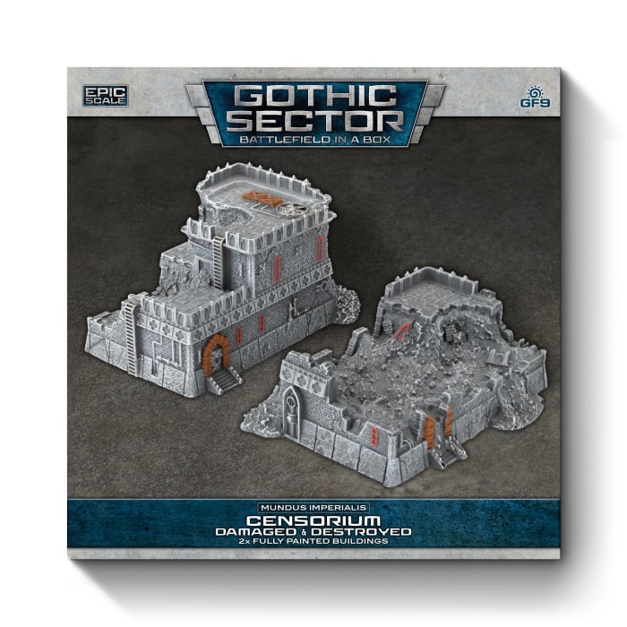 Battlefield in a Box: Mundus Imperialis- Censorium (Damaged & Destroyed x2) - Two gray gothic-style miniature buildings with damaged and destroyed details, featuring brick textures and small red.