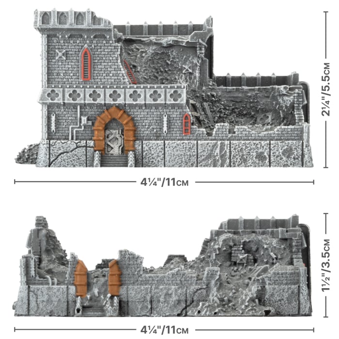Battlefield in a Box: Mundus Imperialis- Censorium (Damaged & Destroyed x2) - Two gray stone fortress wall sections with damaged and destroyed textures, featuring detailed brickwork and reddish-brown.