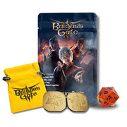 Baldur's Gate 3 Treasure Pack Blind Bag - Baldur's Gate 3 Treasure Pack blind bag with dark fantasy character artwork, yellow branded cloth pouch, two gold-colored.