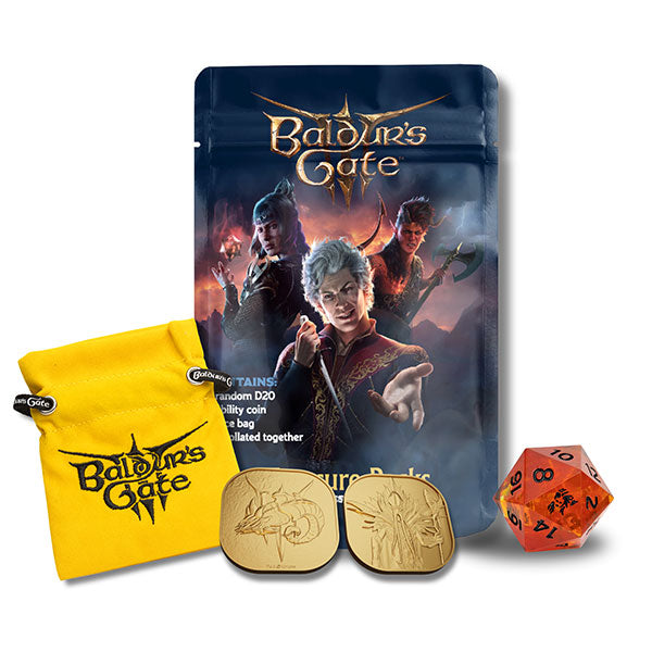 Baldur's Gate 3 Treasure Pack Blind Bag - Baldur's Gate 3 Treasure Pack blind bag with dark fantasy character artwork, yellow branded cloth pouch, two gold-colored.