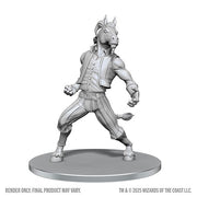 D&D Nolzur's Marvelous Miniatures: Equinal Guardinal - Gray resin miniature of a muscular humanoid horse in striped pants and a sleeveless vest, posed ready for action on a round.