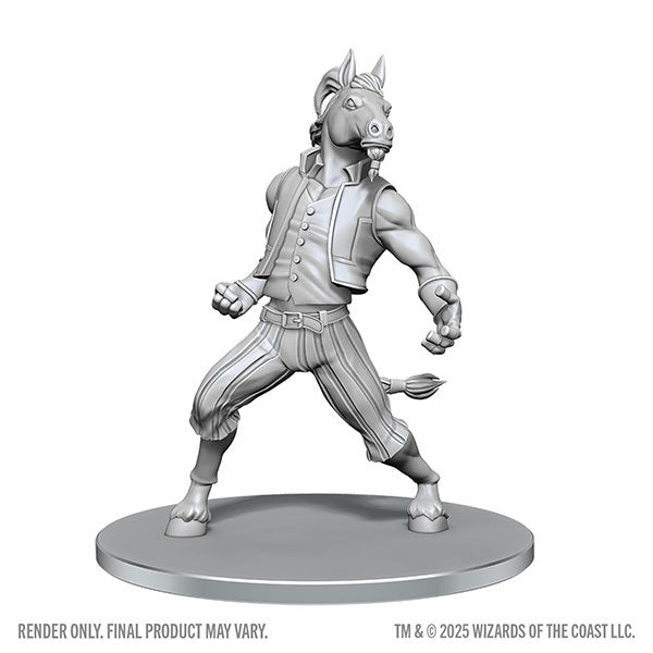 D&D Nolzur's Marvelous Miniatures: Equinal Guardinal - Gray resin miniature of a muscular humanoid horse in striped pants and a sleeveless vest, posed ready for action on a round.