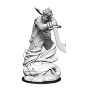 D&D Nolzur's Marvelous Minis: Djinni - Unpainted gray resin miniature of a muscular djinni wielding a large curved sword, swirling around a smoky base.