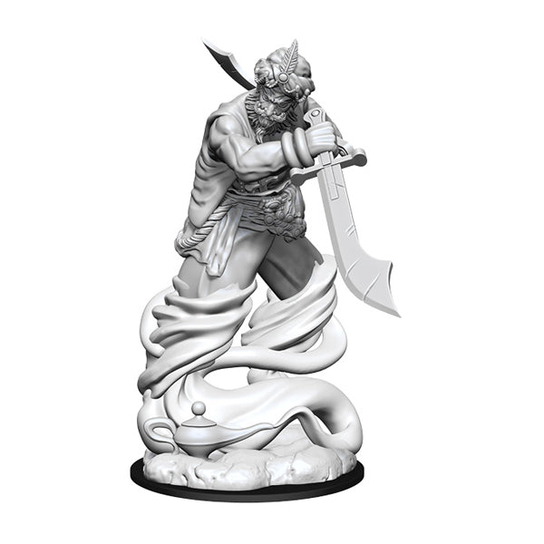 D&D Nolzur's Marvelous Minis: Djinni - Unpainted gray resin miniature of a muscular djinni wielding a large curved sword, swirling around a smoky base.