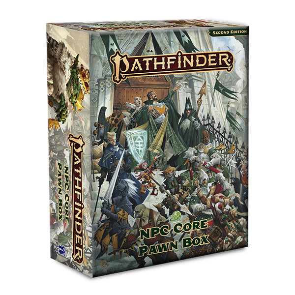 Pathfinder 2E: NPC Core Pawn Box - Rectangular box with fantasy battle artwork featuring armored warriors and spellcasters, labeled Pathfinder NPC Core Pawn.