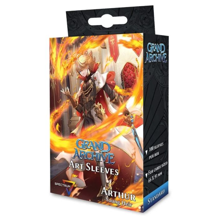 Deck Protector: Spectrum: Grand Archive: Arthur (100) - Box of Grand Archive Arthur card sleeves featuring fiery orange and red flames around a knight in armor with a sword on the.