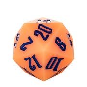 Giant Bouncy D20 - Glow In The Dark Orange - Large 20-sided orange bouncy die with bold black numbers, glow-in-the-dark material.
