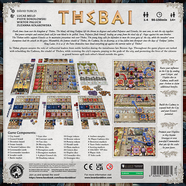 Thebai - Board game Thebai box back with text, four illustrated gameplay setups, player boards, colorful cards, tokens, and various.