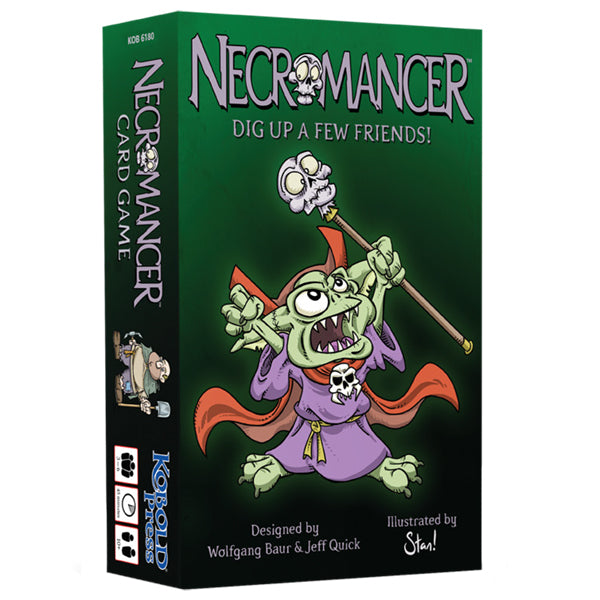 Necromancer - Green rectangular box for Necromancer card game featuring a cartoon goblin with a skull staff and purple robe on the front.