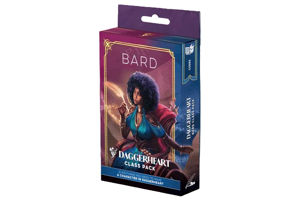 Daggerheart RPG: Class Pack - Bard (PREORDER) - Daggerheart RPG Bard Class Pack box featuring a mystical female bard with dark curly hair, red and blue fantasy outfit,.