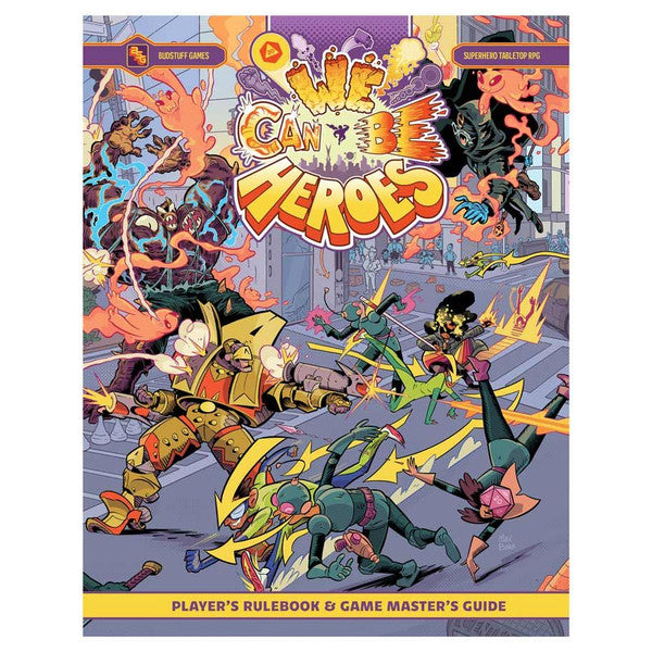 We Can Be Heroes - Colorful comic-style RPG book cover titled "We Can Be Heroes" featuring dynamic superhero characters in action poses amid a.