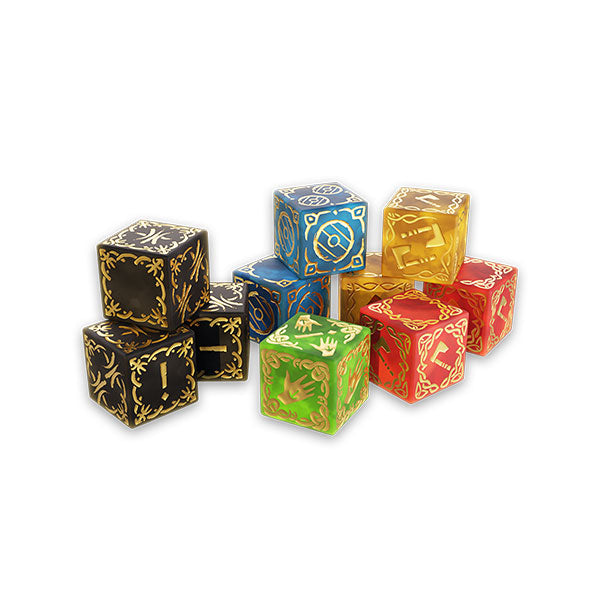 Valheim: Premium Dice Set - Set of eight premium polyhedral dice in black, blue, yellow, green, and red with gold Norse-inspired symbols and designs.