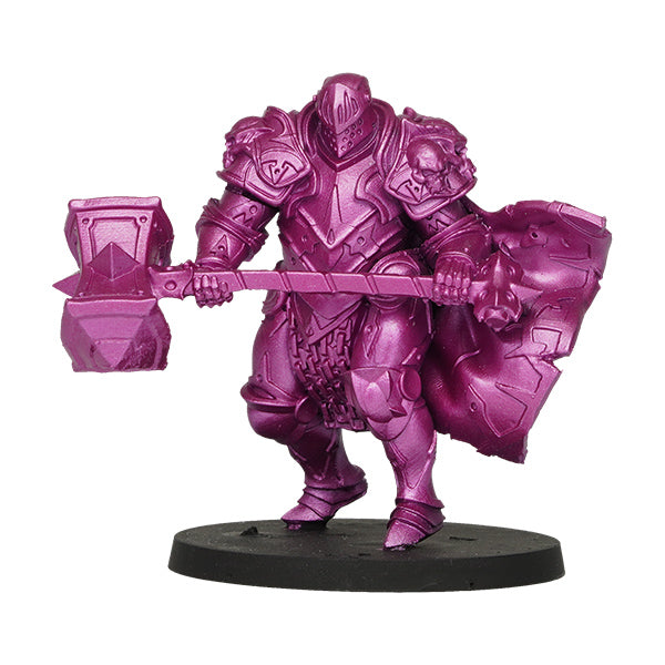 Vallejo True Metallic Metal Airbrush: Crimson Magenta (18ml) - Crimson magenta metallic painted detailed miniature armored warrior holding large hammer and shield on round base.