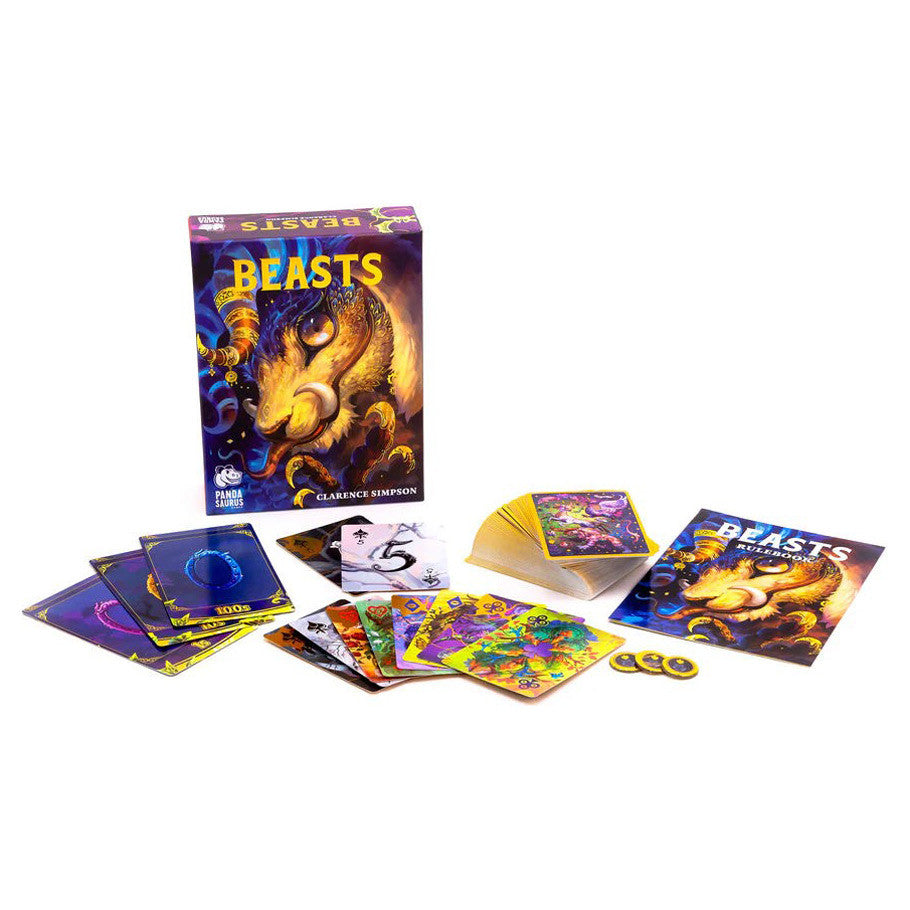 Beasts - Beasts card game set with colorful animal-themed cards, rulebook, tokens, and dark blue and orange packaging box.